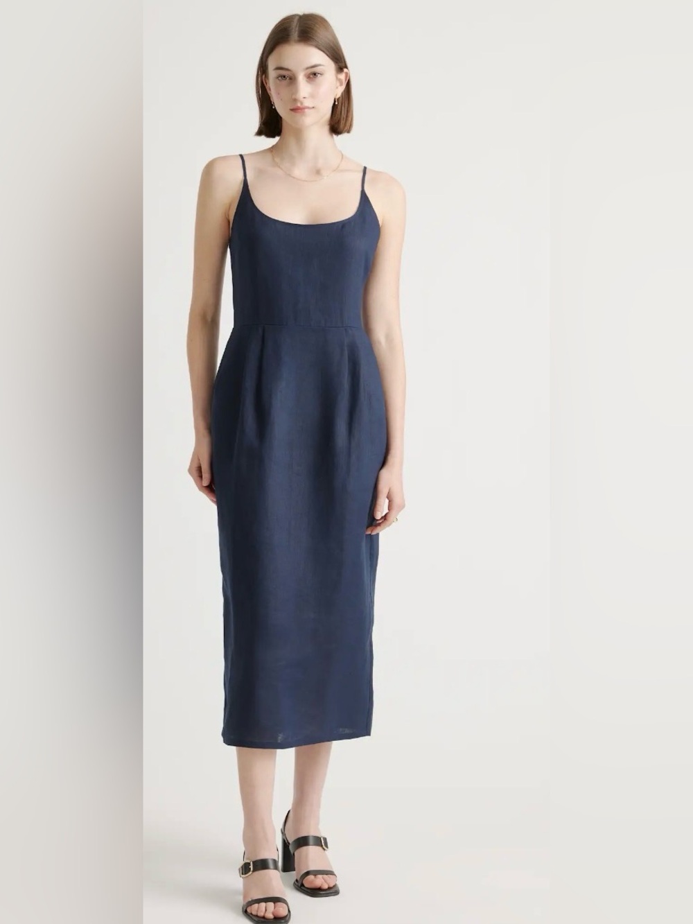 Quince Navy Linen Scoop-Neck Midi Dress lined size large